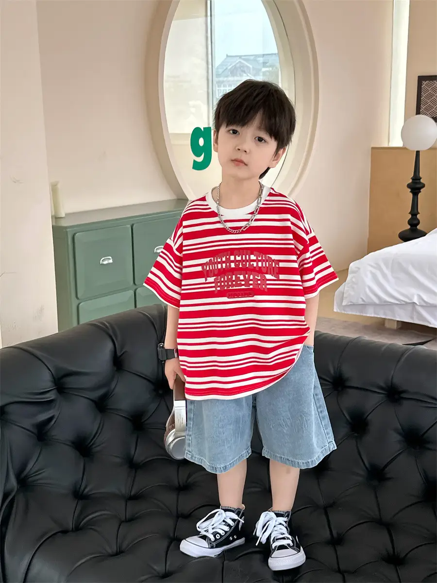 Kids Striped Cotton T-Shirt Red White Medium Small - Image 6