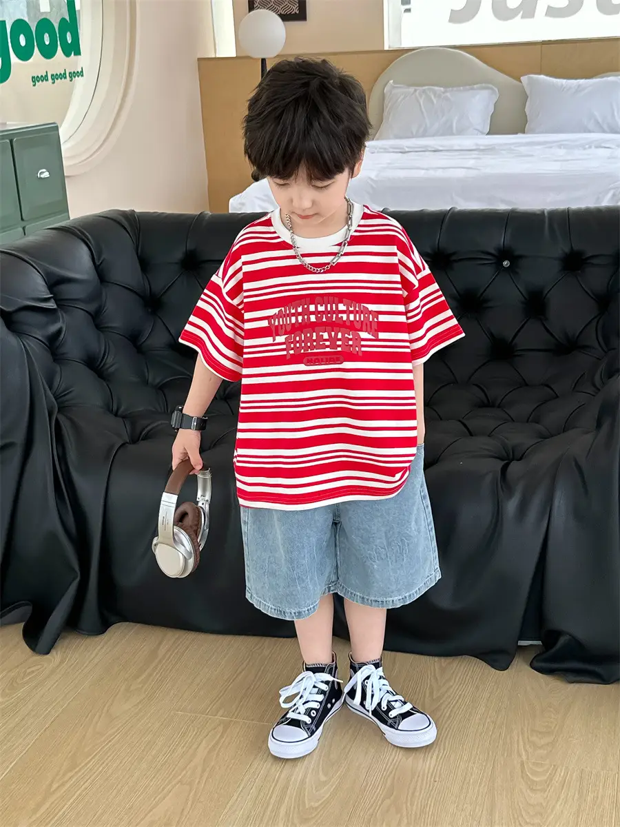 Kids Striped Cotton T-Shirt Red White Medium Small — feature 10