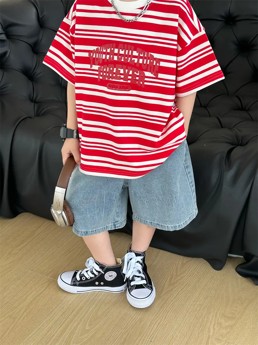 Kids Striped Cotton T-Shirt Red White Medium Small — feature 12