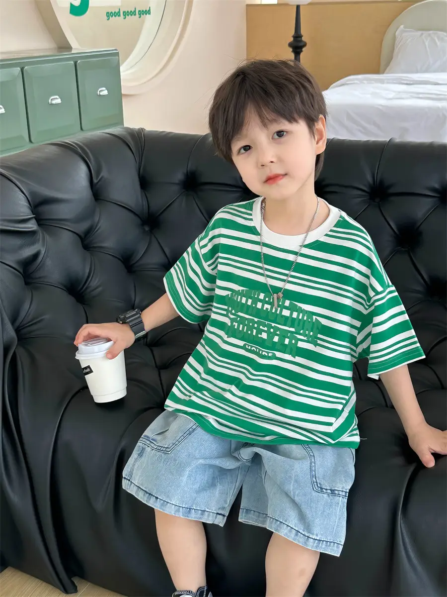 Kids Striped Cotton T-Shirt Red White Medium Small — feature 13