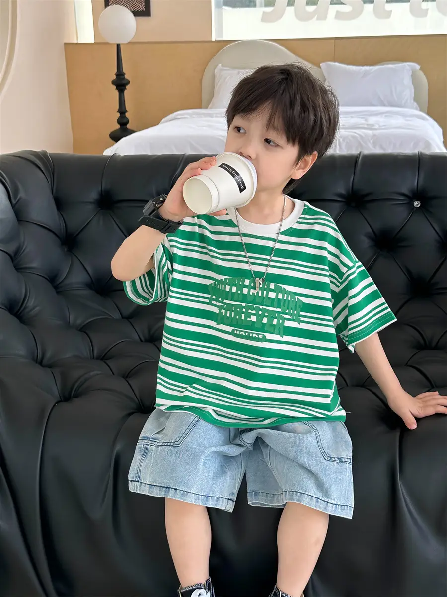 Kids Striped Cotton T-Shirt Red White Medium Small — feature 17