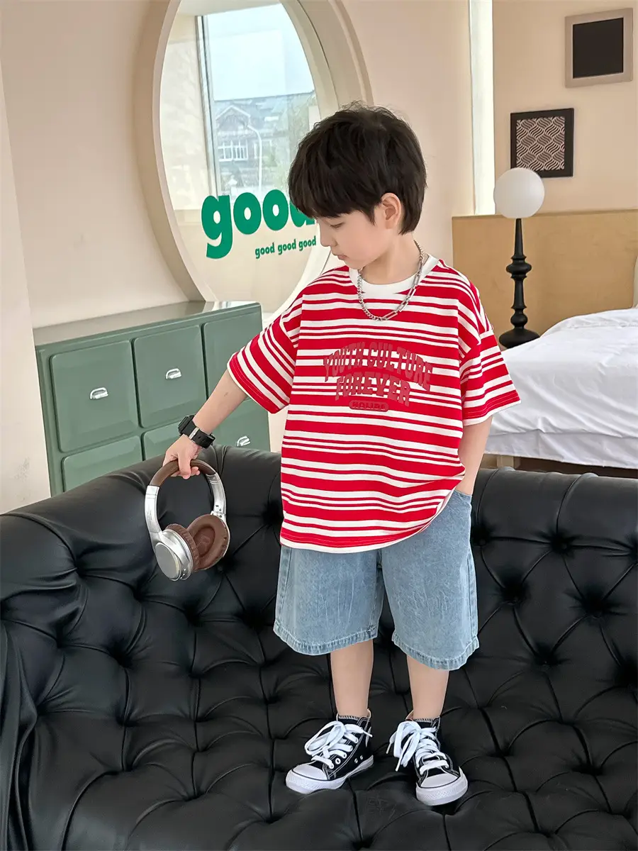 Kids Striped Cotton T-Shirt Red White Medium Small — feature 6
