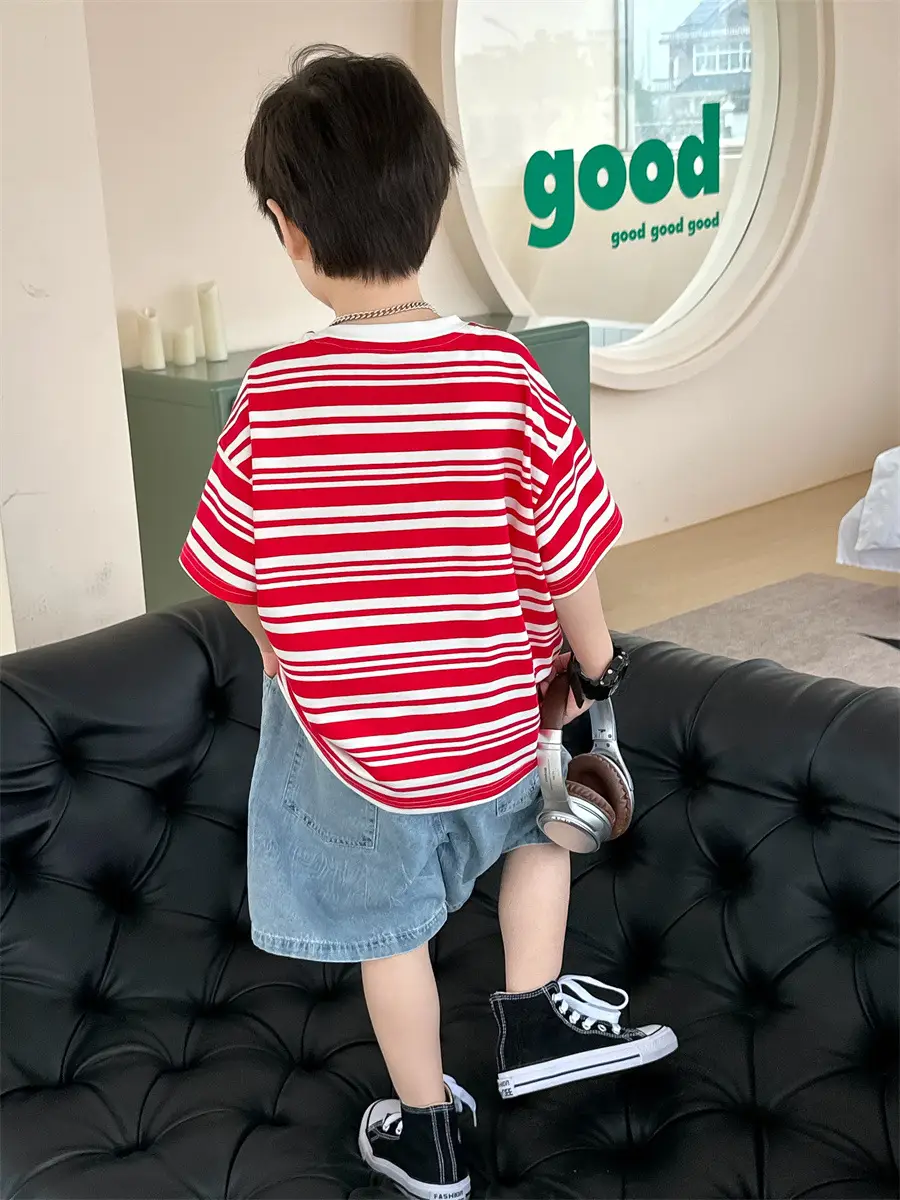Kids Striped Cotton T-Shirt Red White Medium Small — feature 7