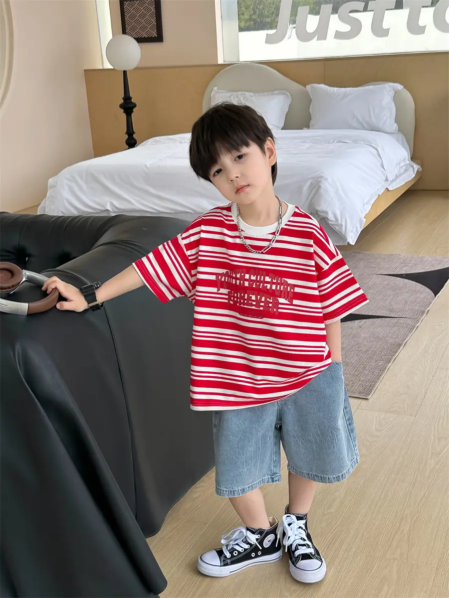 Kids Striped Cotton T-Shirt Red White Medium Small — feature 8