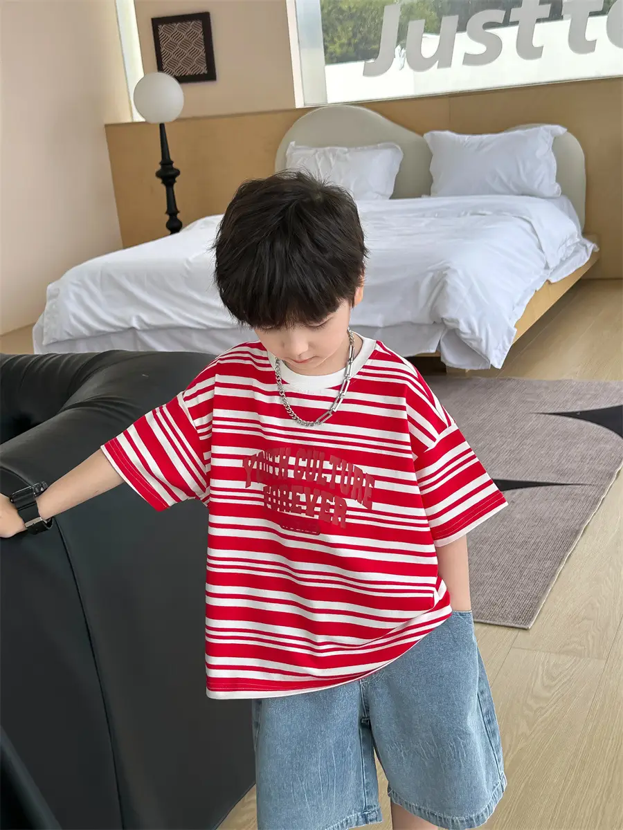Kids Striped Cotton T-Shirt Red White Medium Small — feature 9