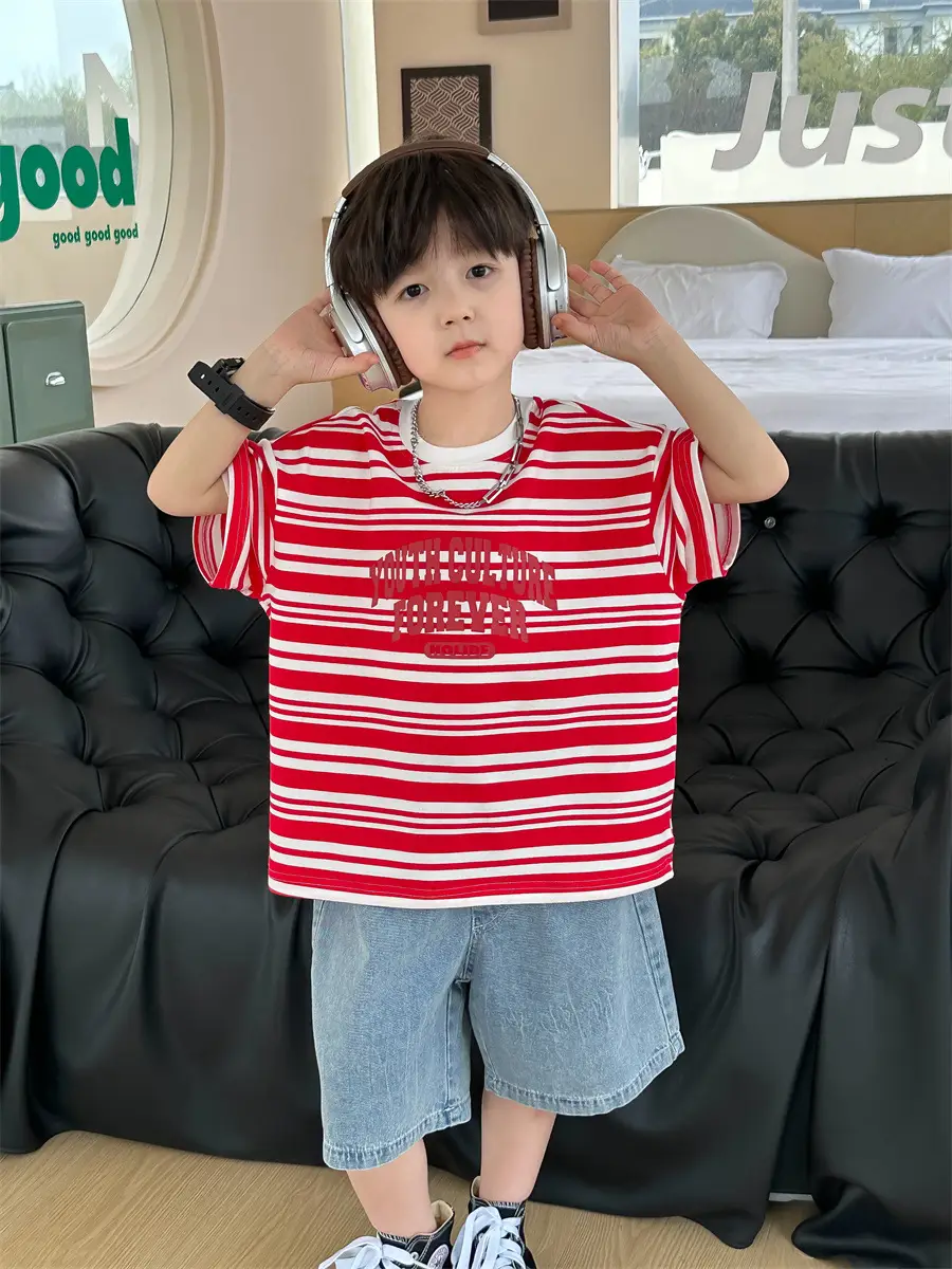 Kids Striped Cotton T-Shirt Red White Medium Small - Image 2