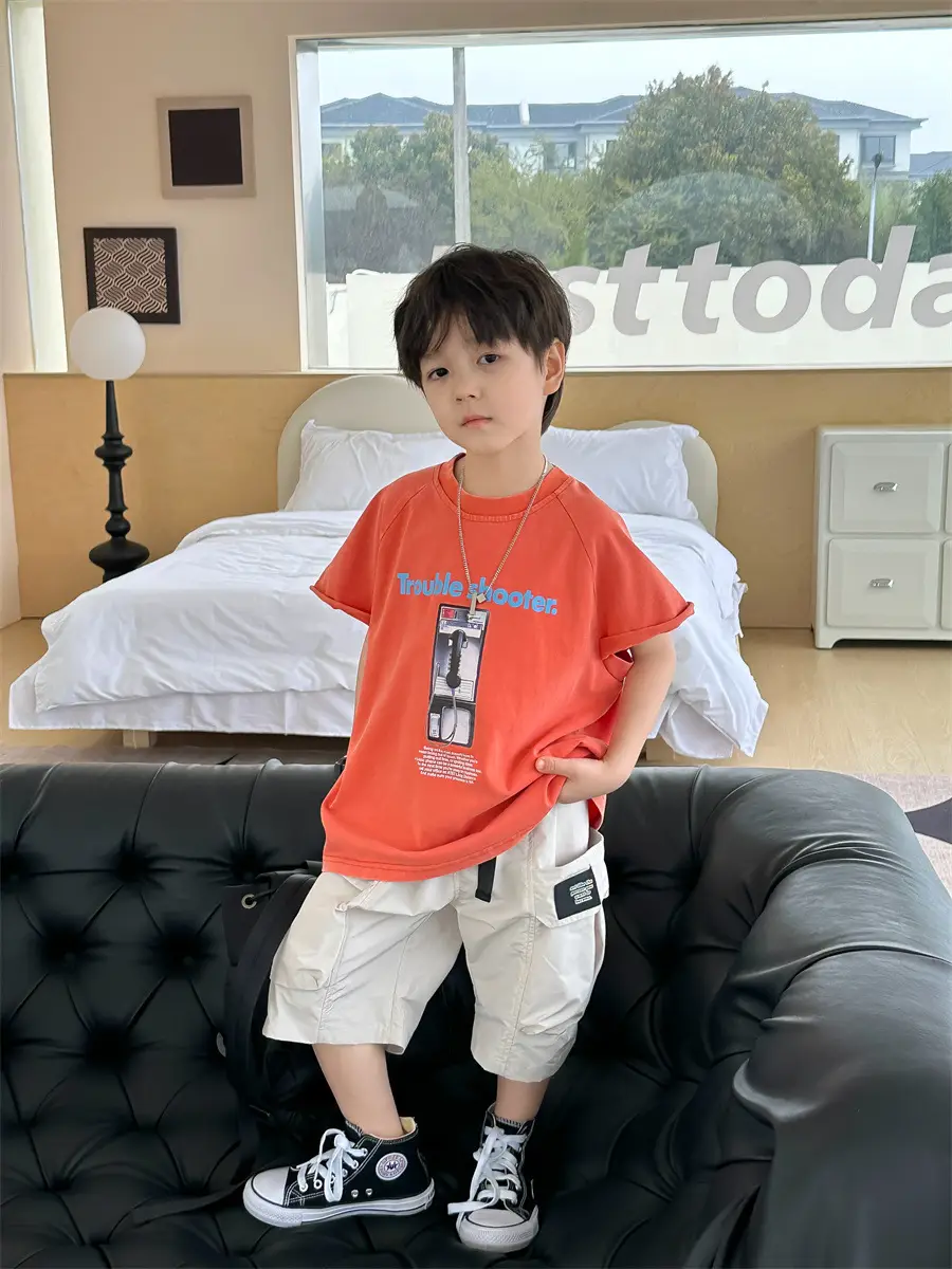 Boys Orange T-Shirt Kids 2025 Summer Clothing - Image 2