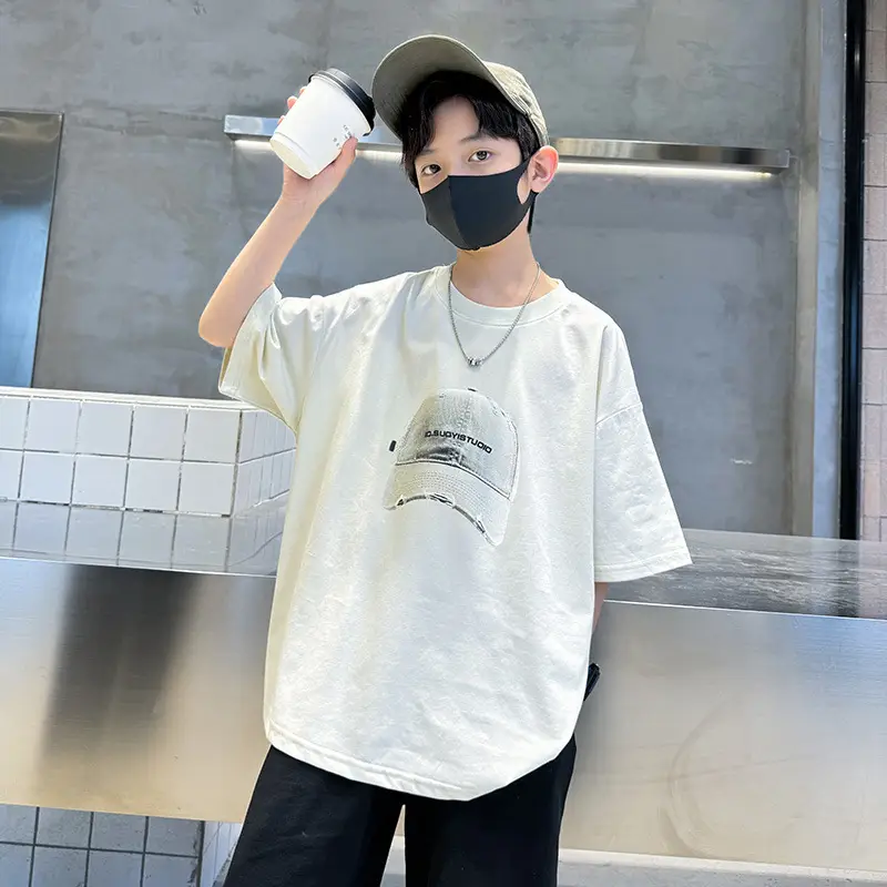 Summer White Graphic T-Shirt for Boys with Cap