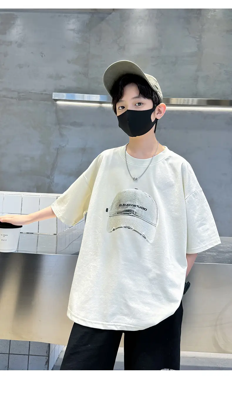 Summer White Graphic T-Shirt for Boys with Cap — feature 20