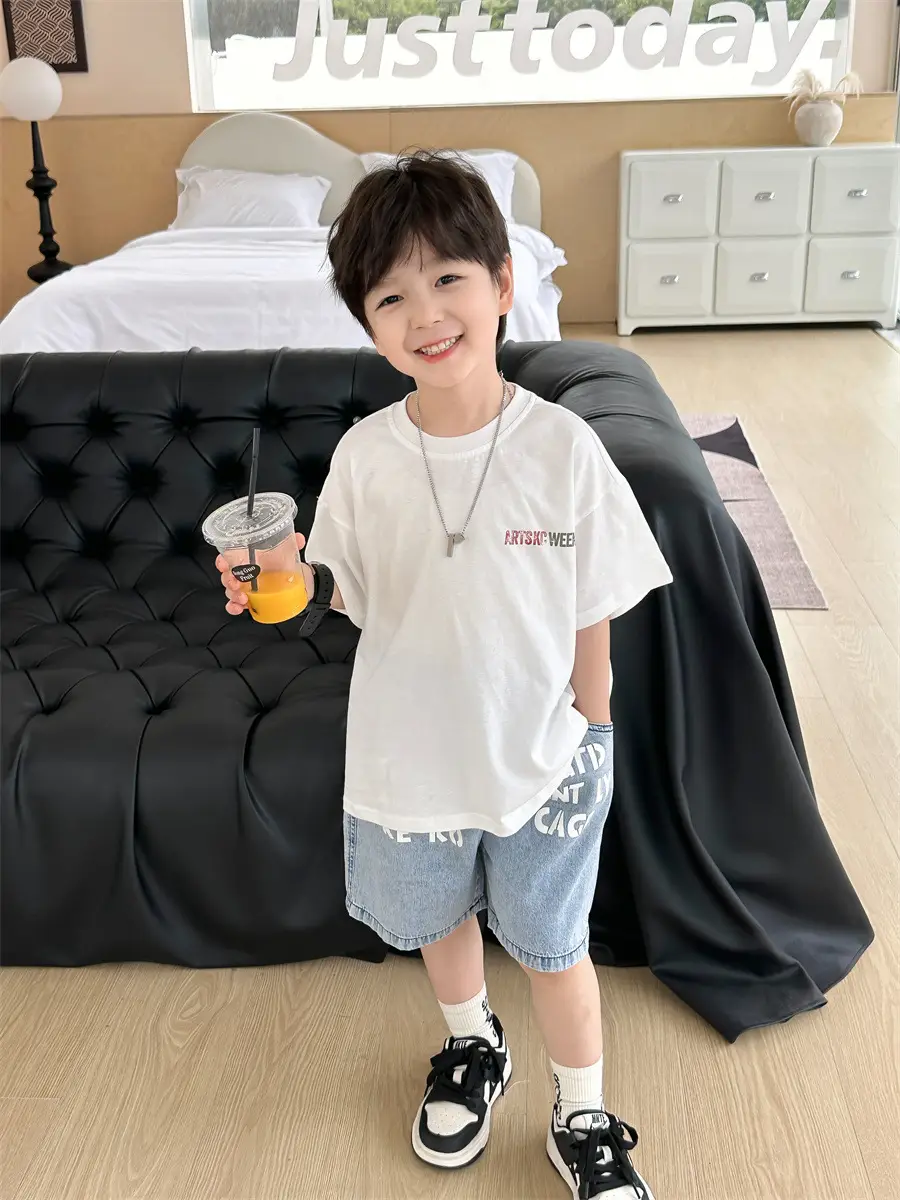 Boys White T-Shirt Shorts Set Summer 2025 Kids — feature 27