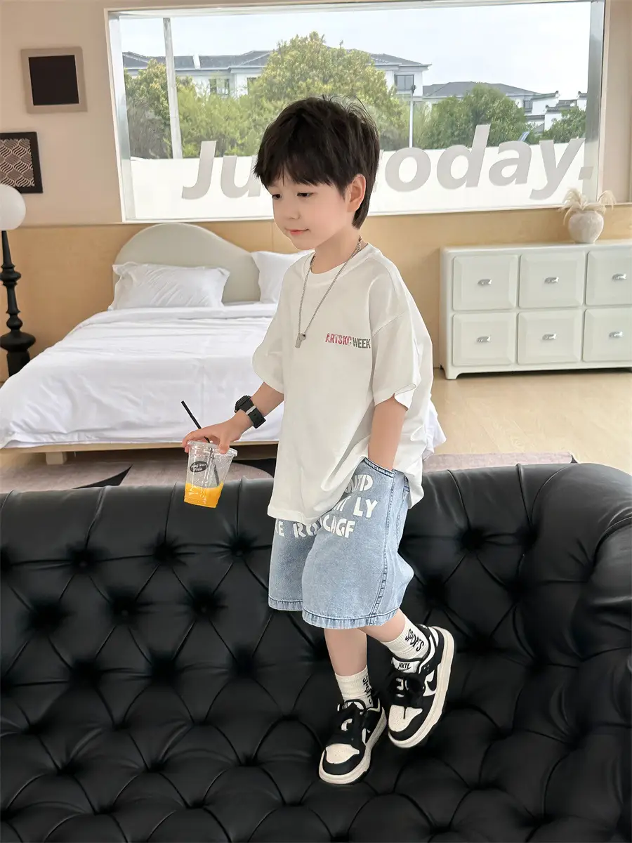 Boys White T-Shirt Shorts Set Summer 2025 Kids — feature 33
