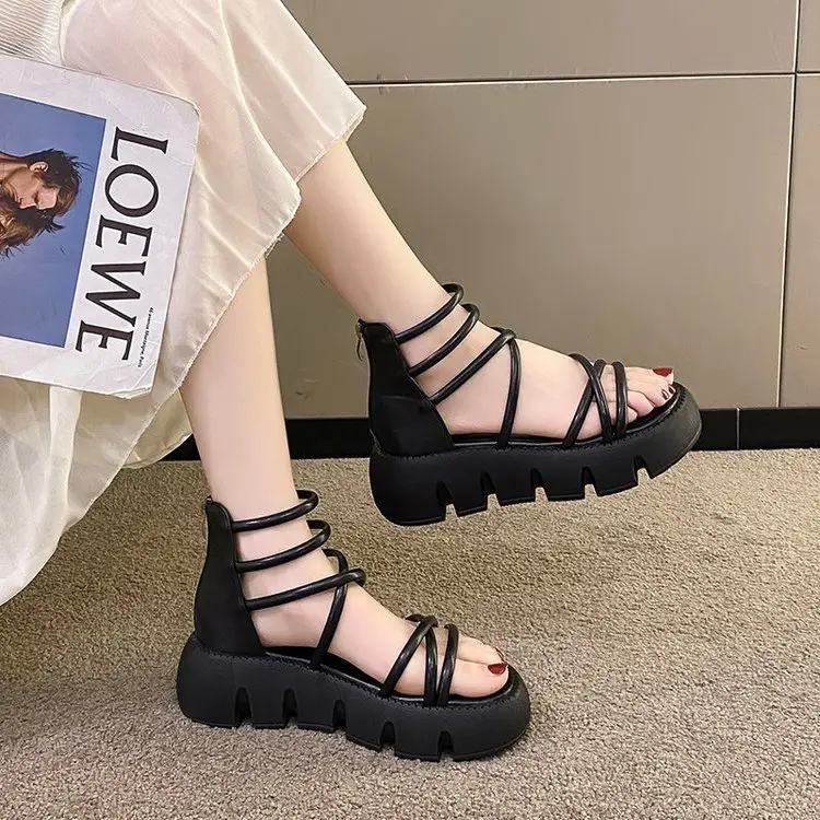 Black Cross Strap Beach Sandals Thick Platform - Image 4