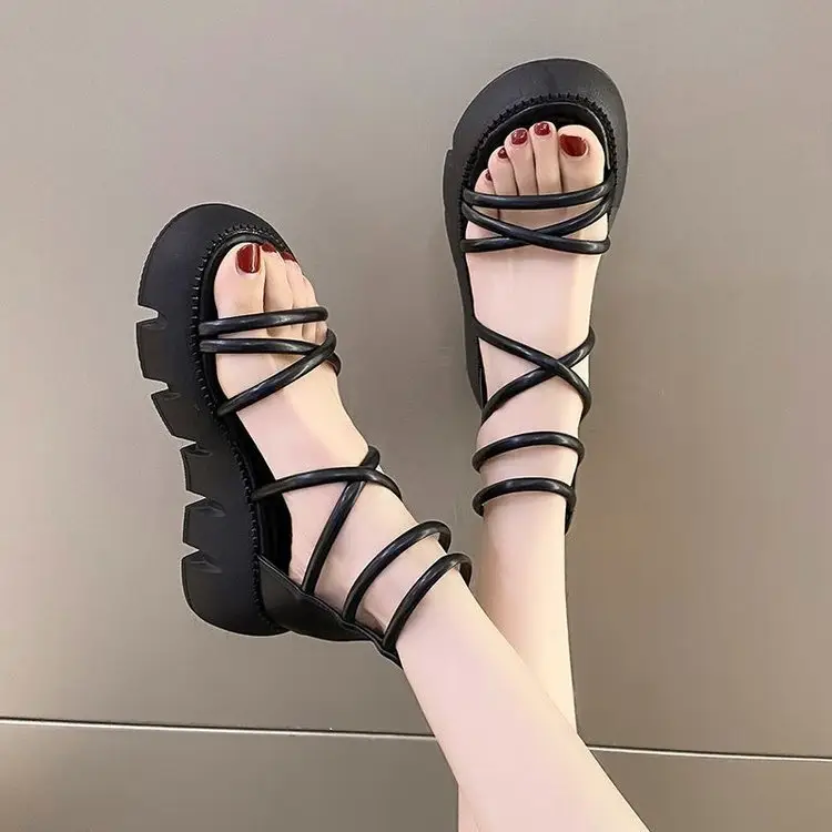 Black Cross Strap Beach Sandals Thick Platform - Image 6