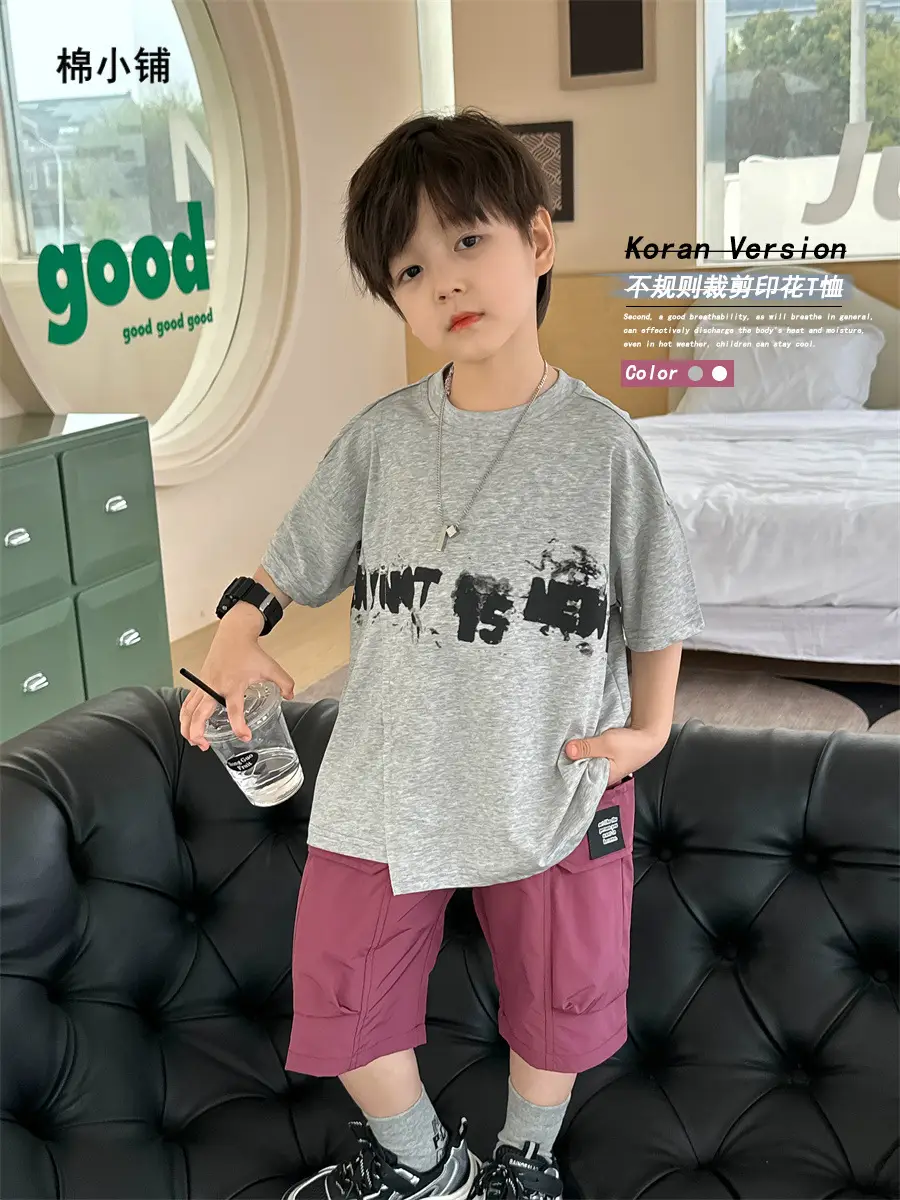 Kids Printed T-Shirt Boys Grey Short Sleeve Korean Style - Image 3