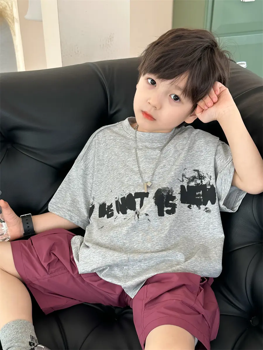Kids Printed T-Shirt Boys Grey Short Sleeve Korean Style - Image 5