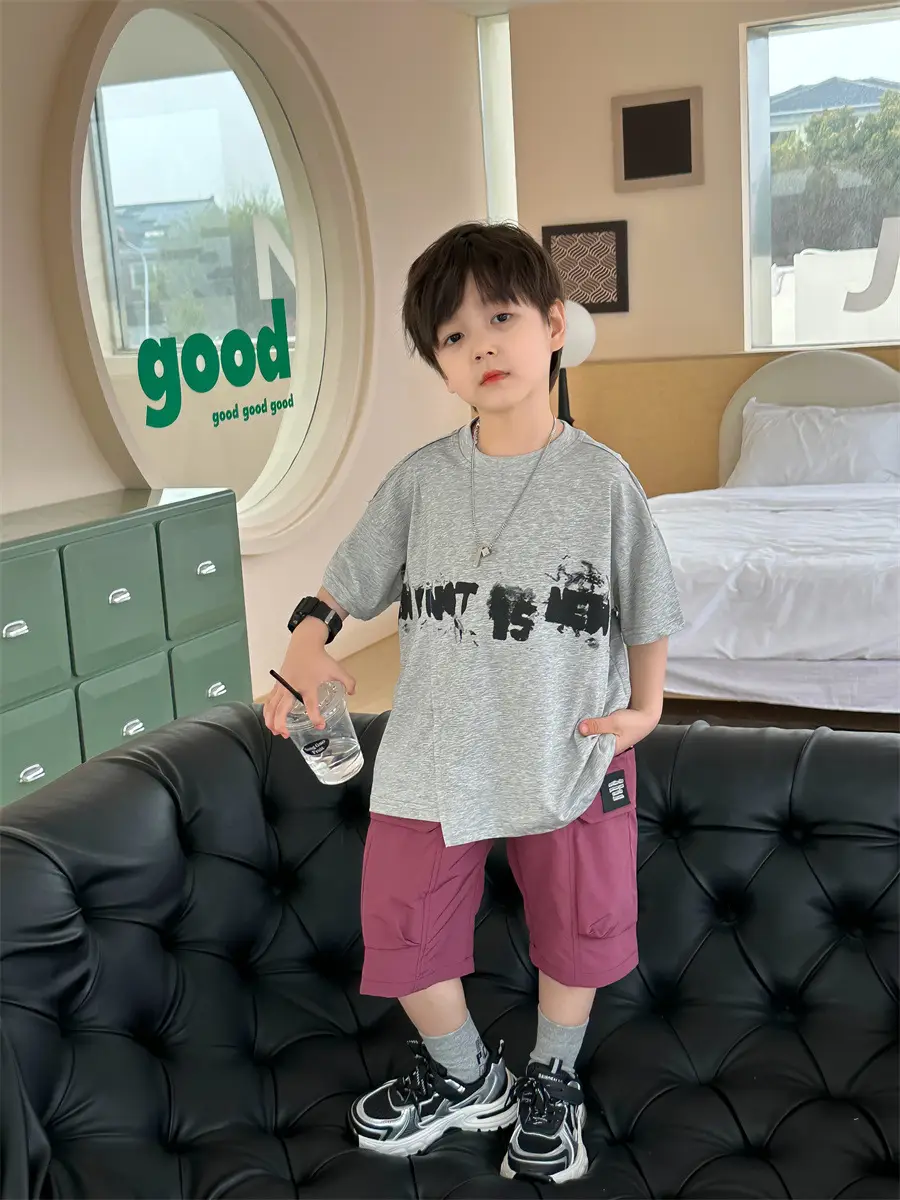 Kids Printed T-Shirt Boys Grey Short Sleeve Korean Style — feature 13
