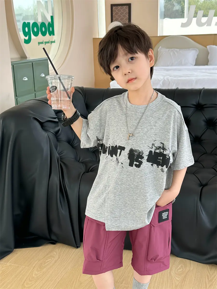 Kids Printed T-Shirt Boys Grey Short Sleeve Korean Style — feature 17