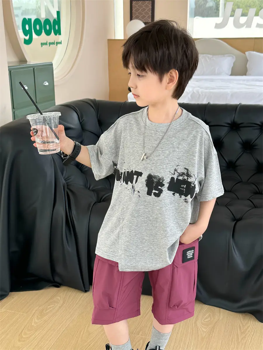 Kids Printed T-Shirt Boys Grey Short Sleeve Korean Style — feature 18