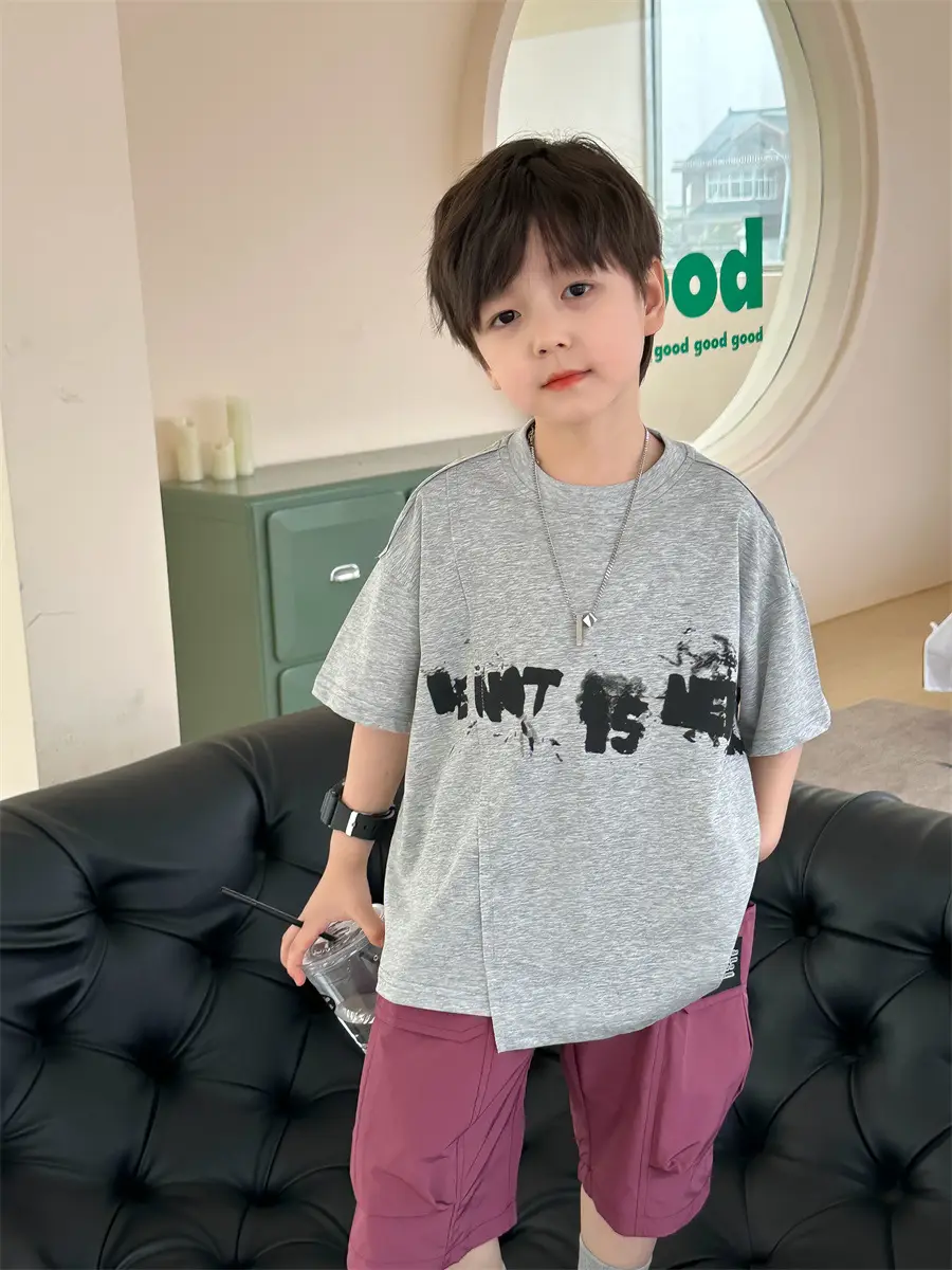 Kids Printed T-Shirt Boys Grey Short Sleeve Korean Style — feature 3