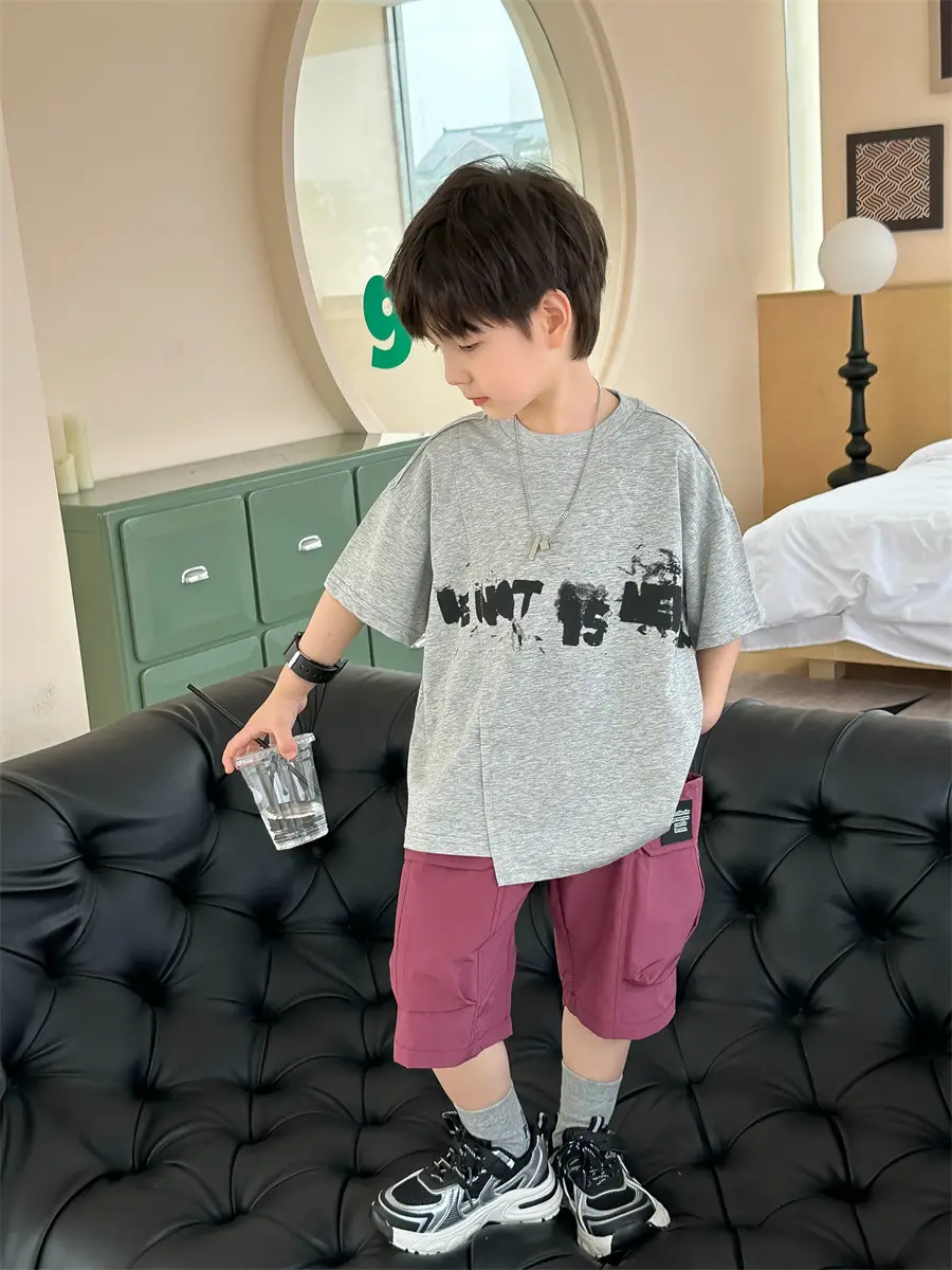 Kids Printed T-Shirt Boys Grey Short Sleeve Korean Style — feature 7