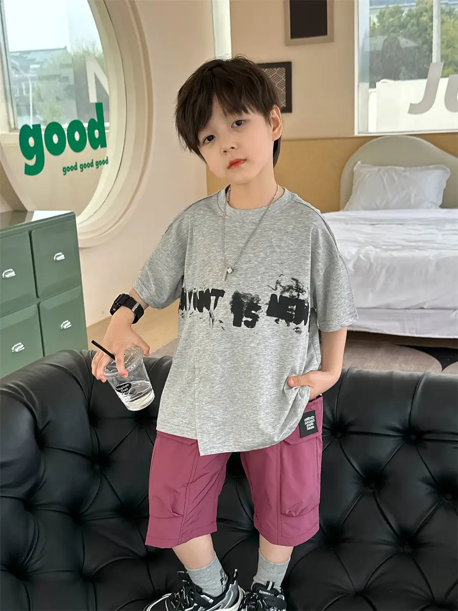 Kids Printed T-Shirt Boys Grey Short Sleeve Korean Style — feature 9