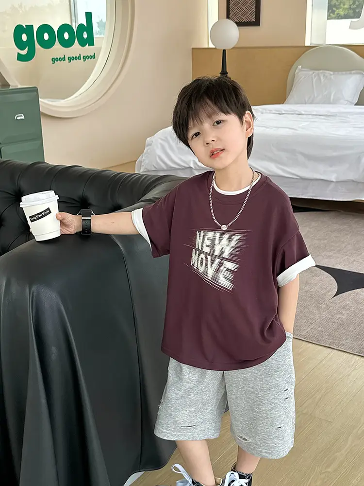 Kids New Wave Print Short Sleeve T-Shirt Brown Grey - Image 5