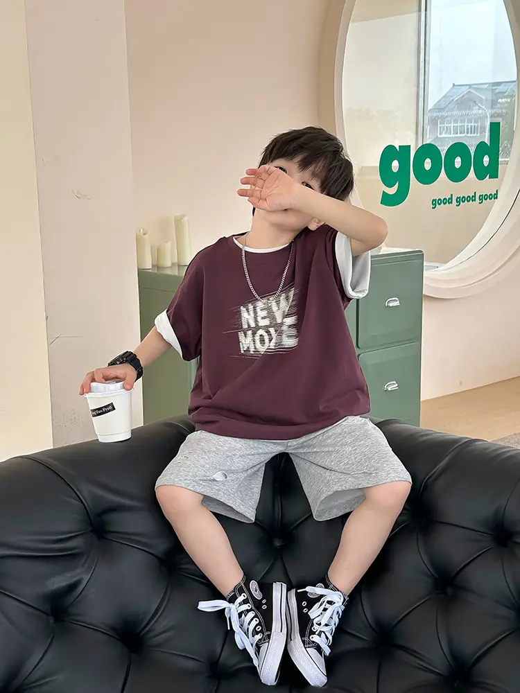 Kids New Wave Print Short Sleeve T-Shirt Brown Grey — feature 16