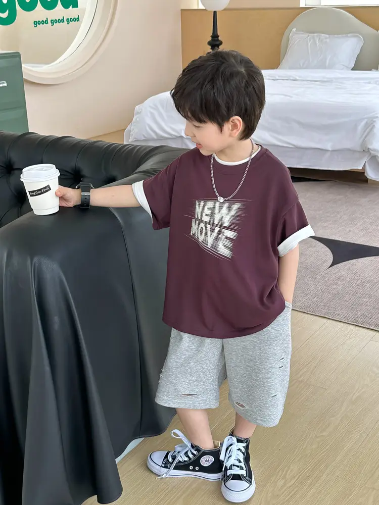 Kids New Wave Print Short Sleeve T-Shirt Brown Grey — feature 23