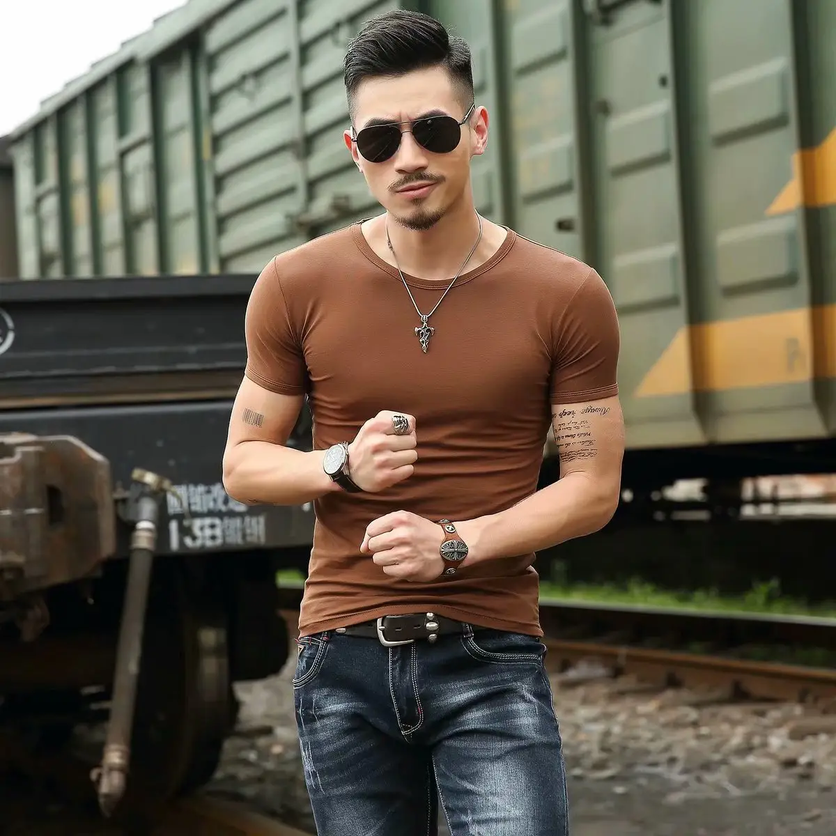 Men's Green Slim Fit T-Shirt Round Neck Short Sleeve - Image 6