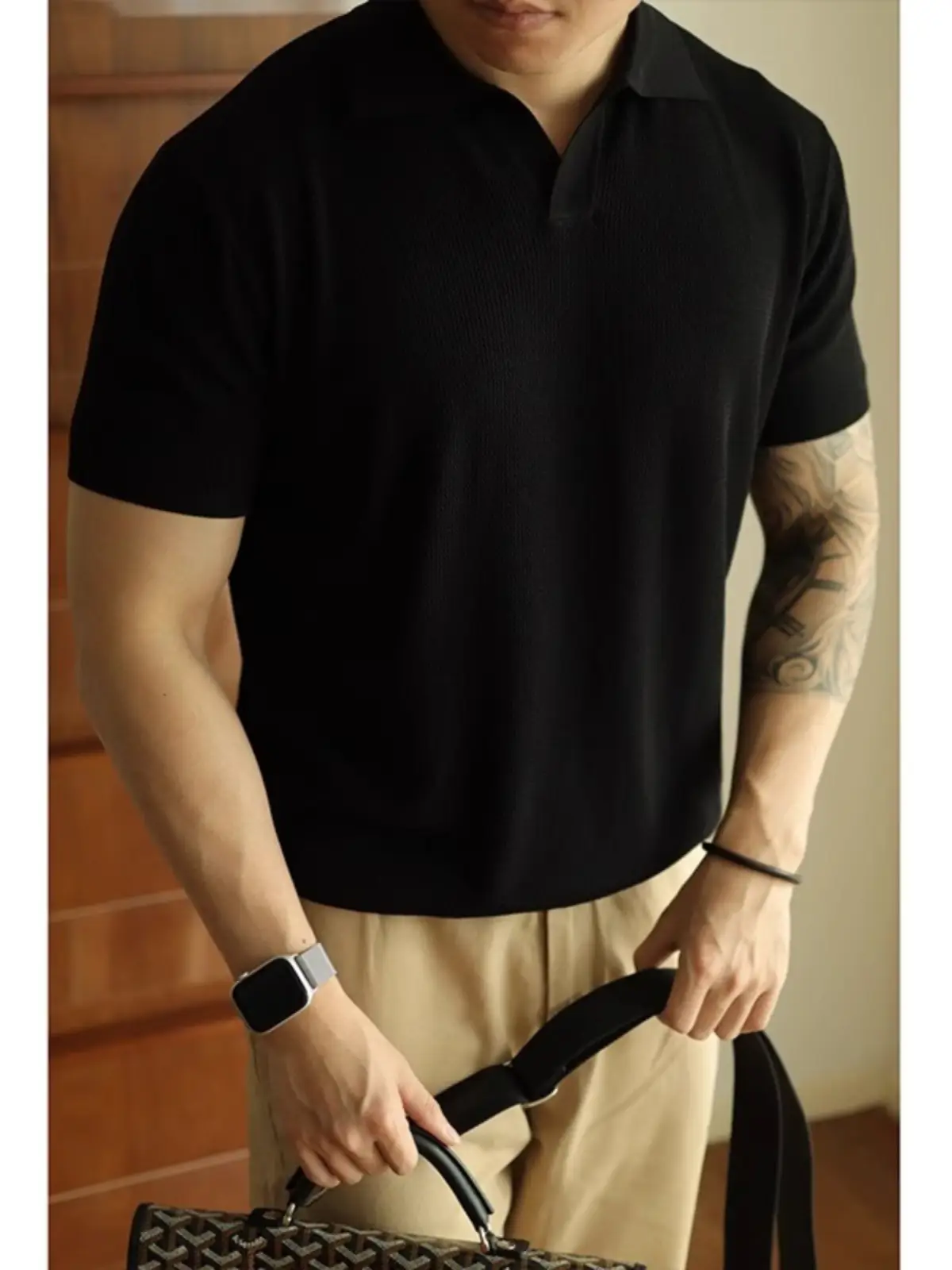 Men's V-Neck Knitted Polo Shirt White Short Sleeve - Image 5