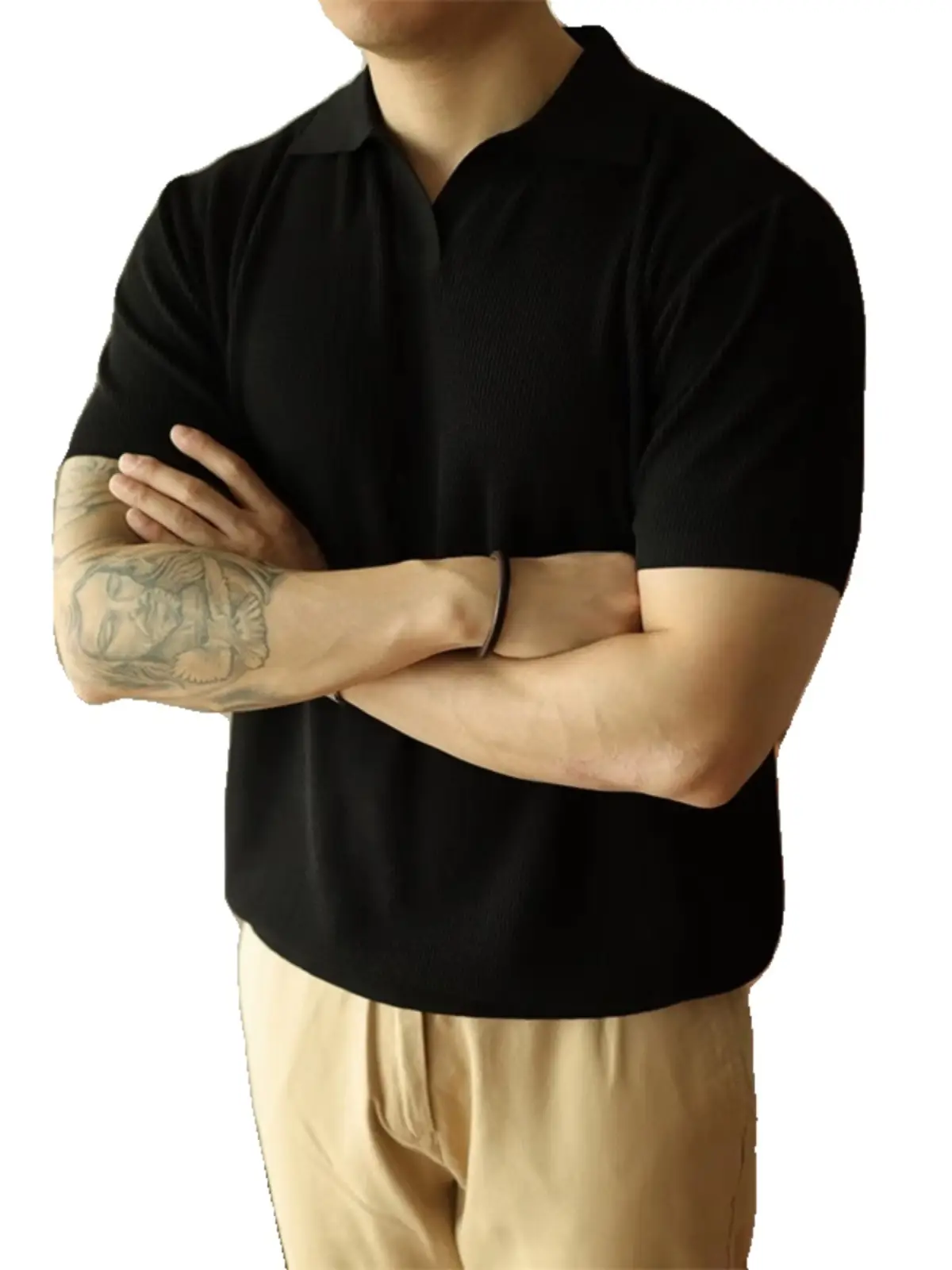 Men's V-Neck Knitted Polo Shirt White Short Sleeve - Image 7