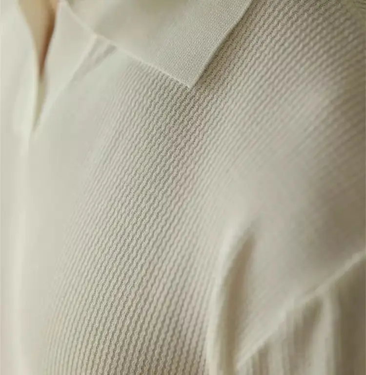 Men's V-Neck Knitted Polo Shirt White Short Sleeve — feature 13