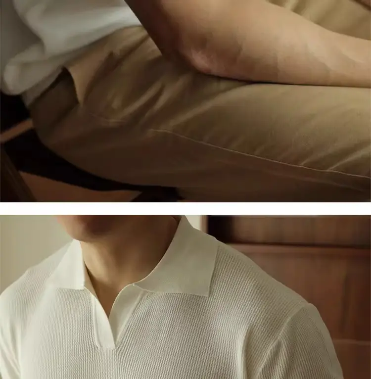 Men's V-Neck Knitted Polo Shirt White Short Sleeve — feature 15