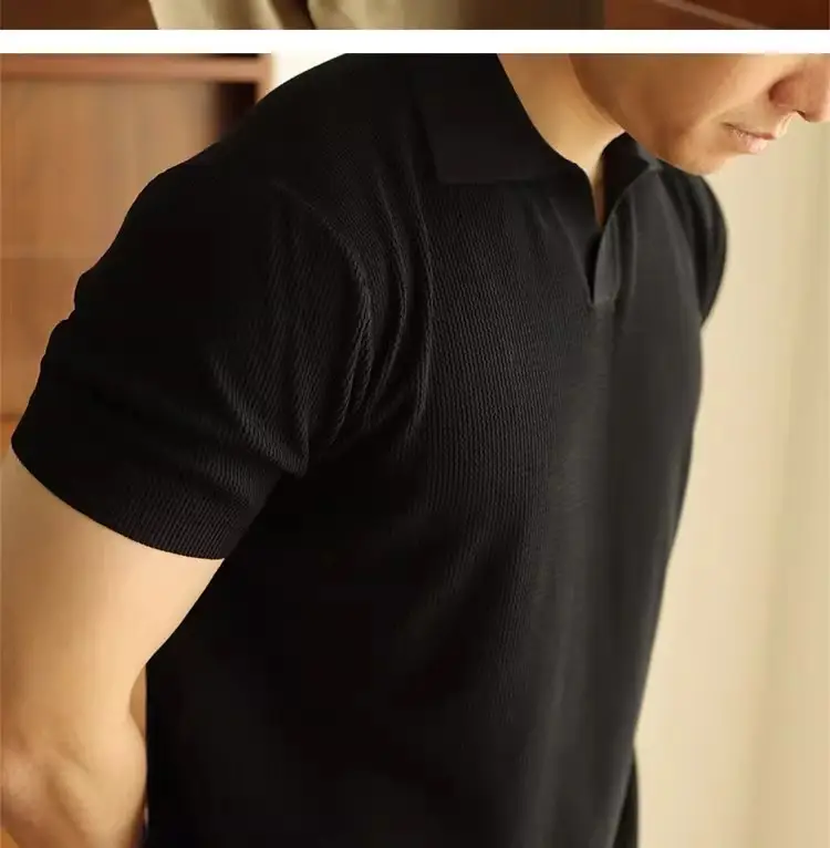 Men's V-Neck Knitted Polo Shirt White Short Sleeve — feature 17