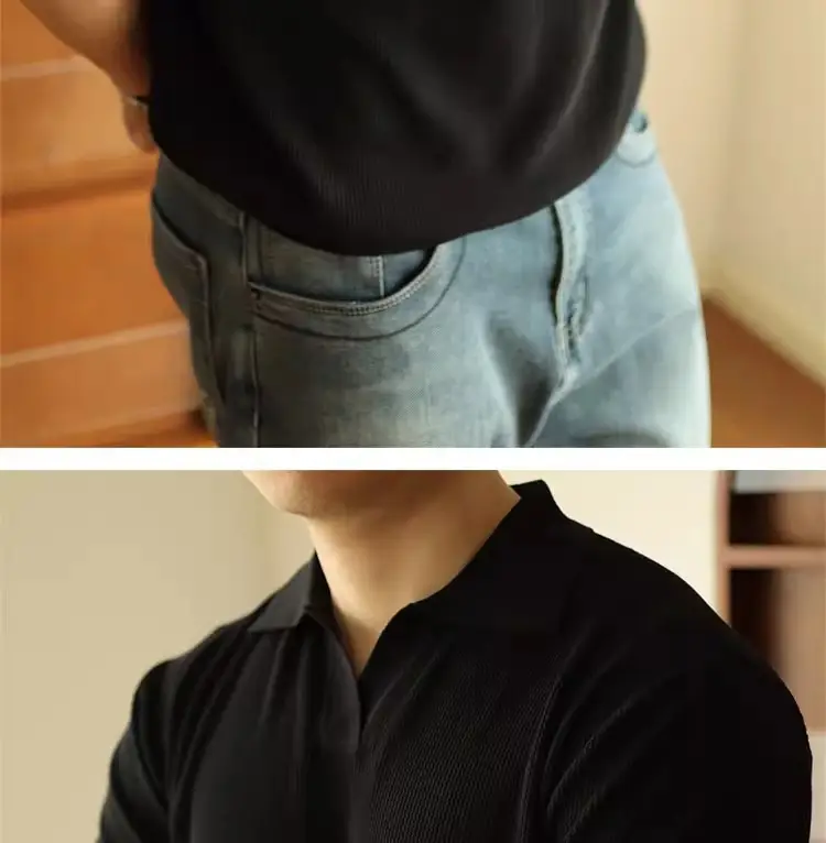 Men's V-Neck Knitted Polo Shirt White Short Sleeve — feature 18