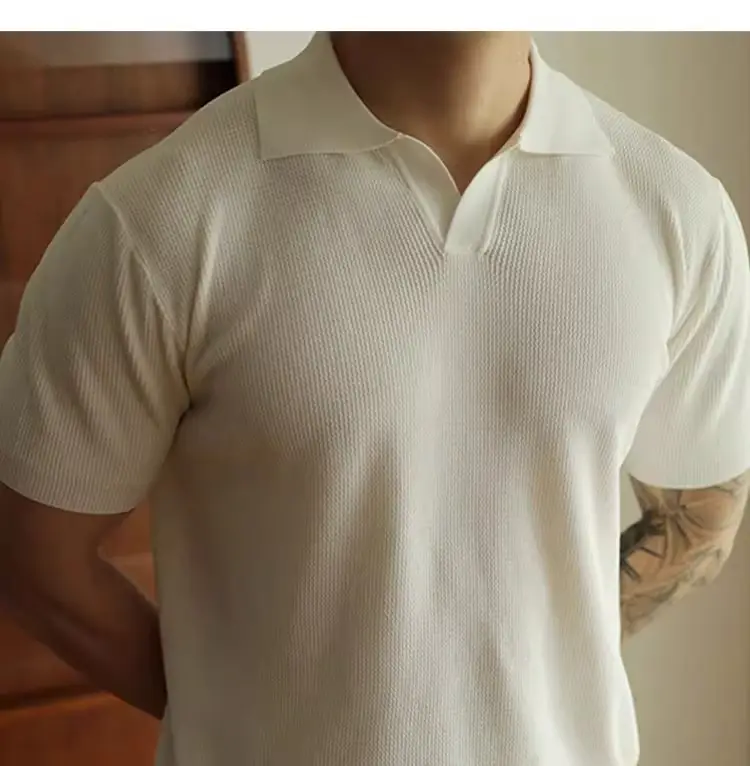 Men's V-Neck Knitted Polo Shirt White Short Sleeve — feature 2