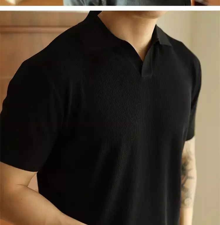 Men's V-Neck Knitted Polo Shirt White Short Sleeve — feature 20