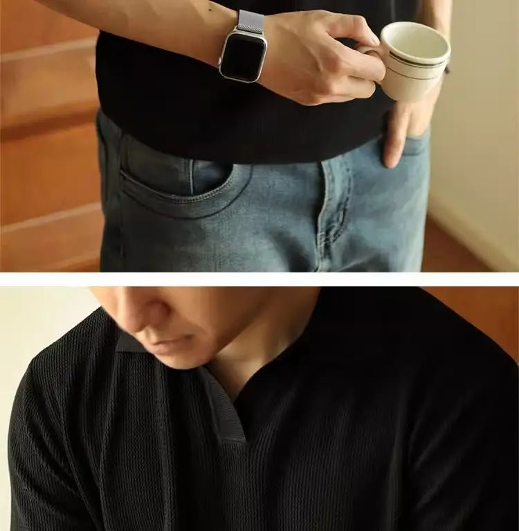 Men's V-Neck Knitted Polo Shirt White Short Sleeve — feature 21