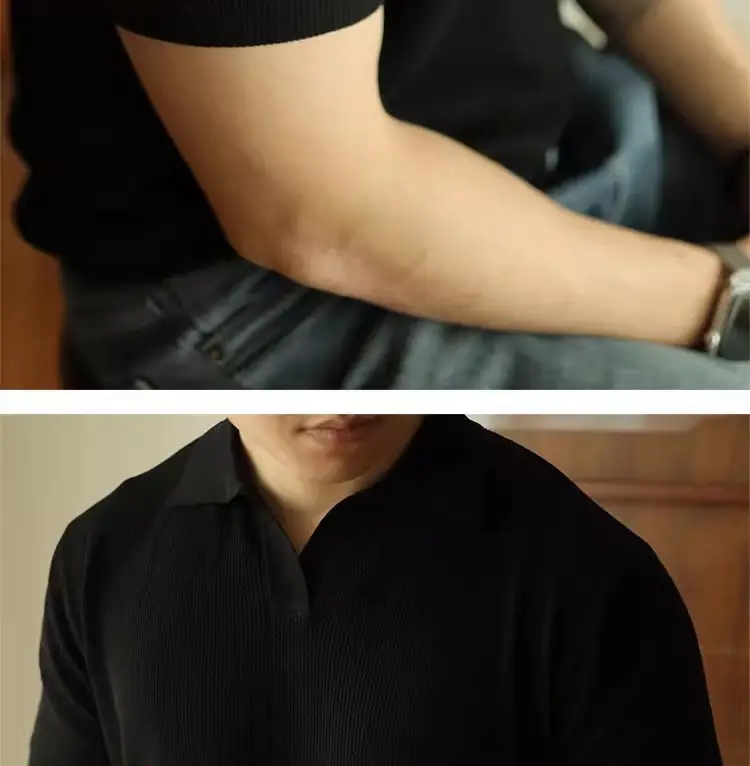 Men's V-Neck Knitted Polo Shirt White Short Sleeve — feature 24