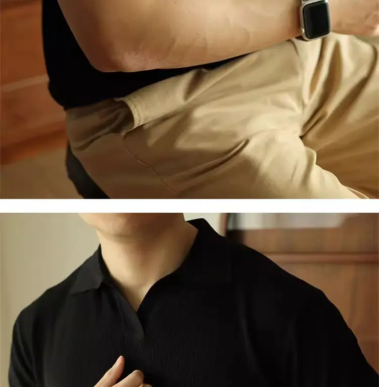 Men's V-Neck Knitted Polo Shirt White Short Sleeve — feature 27