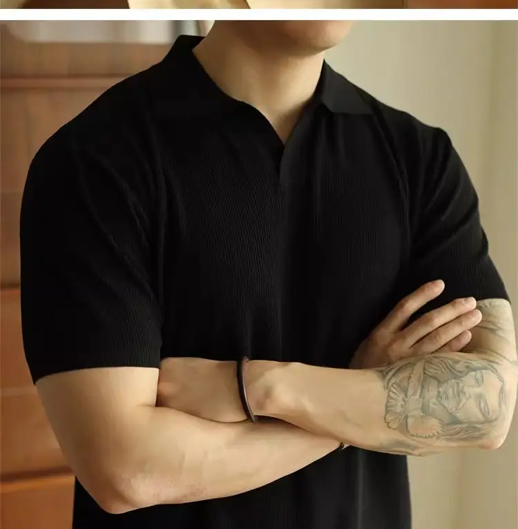 Men's V-Neck Knitted Polo Shirt White Short Sleeve — feature 29