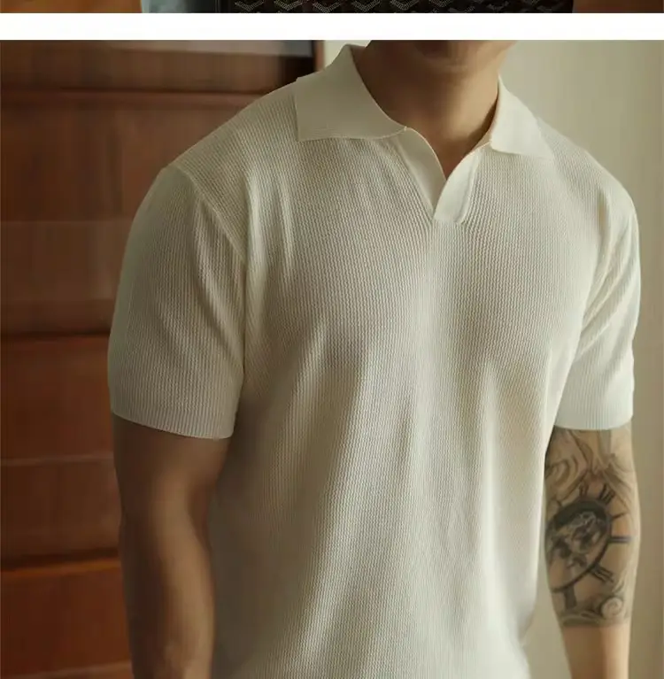 Men's V-Neck Knitted Polo Shirt White Short Sleeve — feature 5