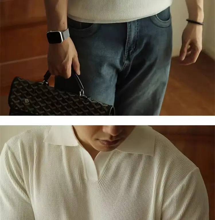 Men's V-Neck Knitted Polo Shirt White Short Sleeve — feature 6