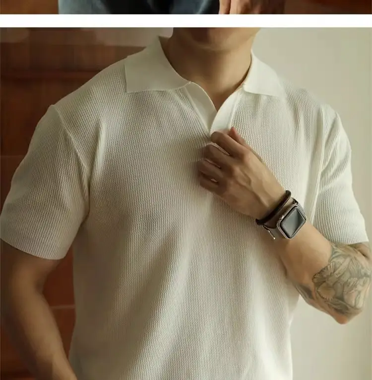 Men's V-Neck Knitted Polo Shirt White Short Sleeve — feature 8