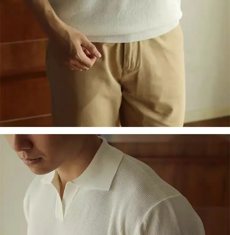 Men's V-Neck Knitted Polo Shirt White Short Sleeve — feature 9