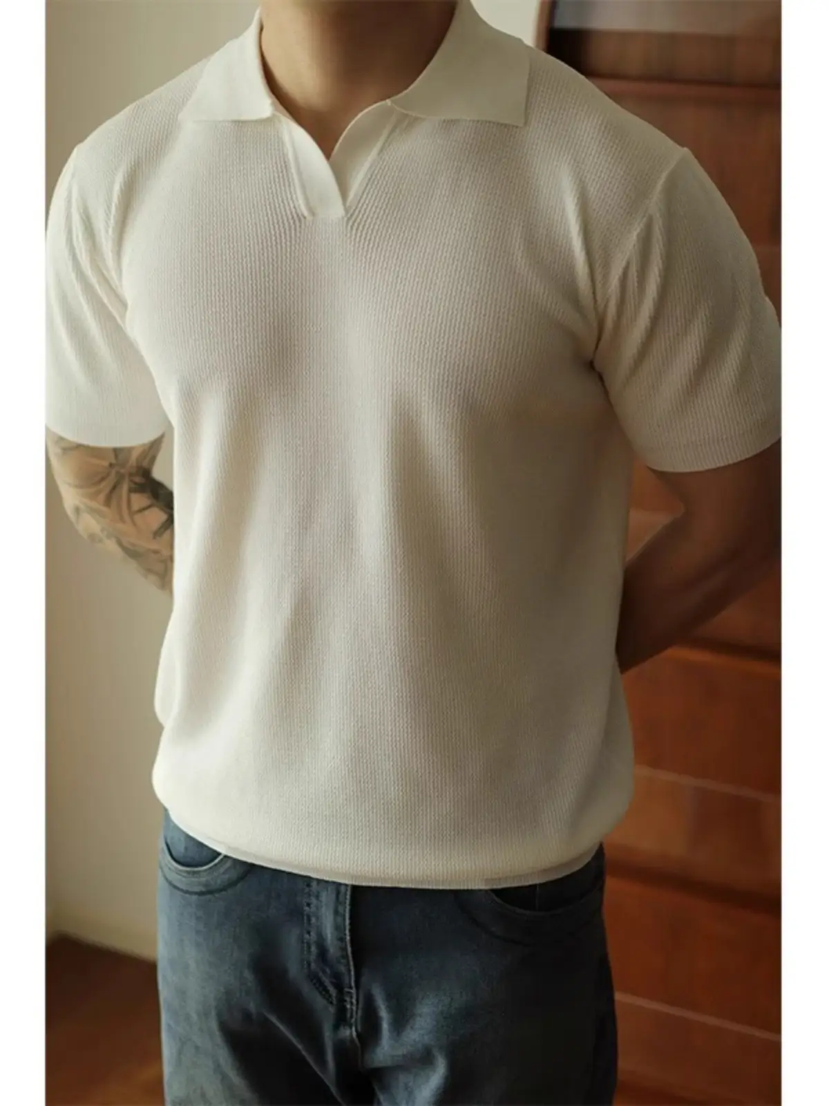 Men's V-Neck Knitted Polo Shirt White Short Sleeve - Image 2