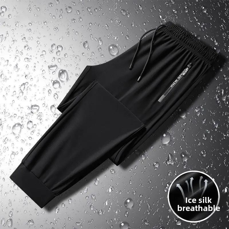 Men Ice Silk Long Pants Black Stretchable Summer Wear - Image 11