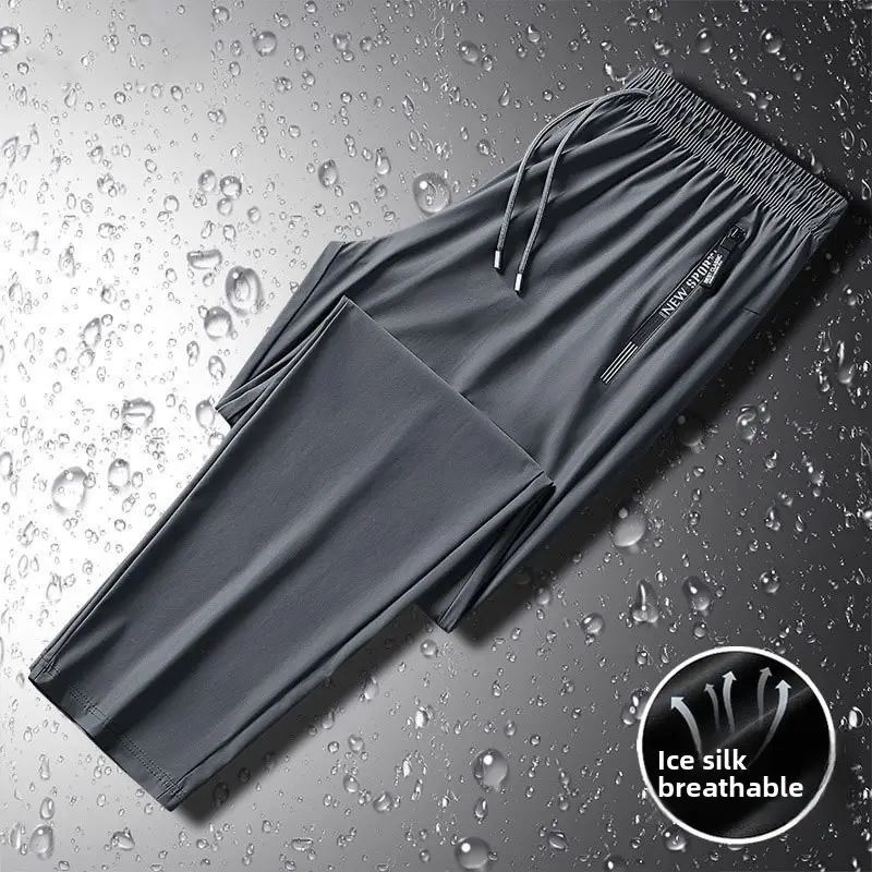 Men Ice Silk Long Pants Black Stretchable Summer Wear - Image 21