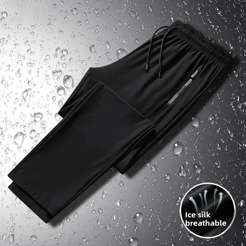 Men Ice Silk Long Pants Black Stretchable Summer Wear - Image 3