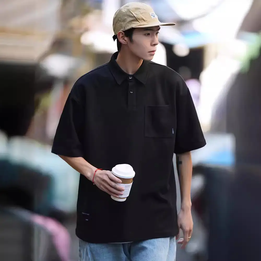 Men Japanese Style Short Sleeve Polo Shirt Brown Solid Color - Image 5